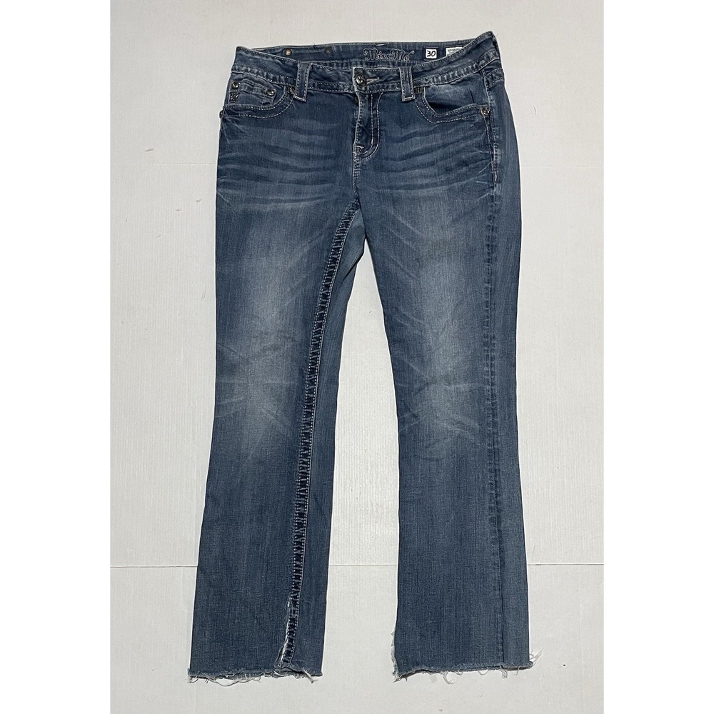 Miss Me Jeans Womens 30 X 28.5 Bootcut Embellished Rhinestone Distressed Raw Hem